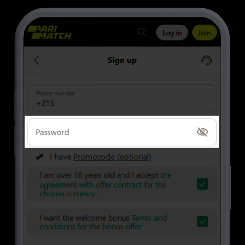 Create a password in the Parimatch app